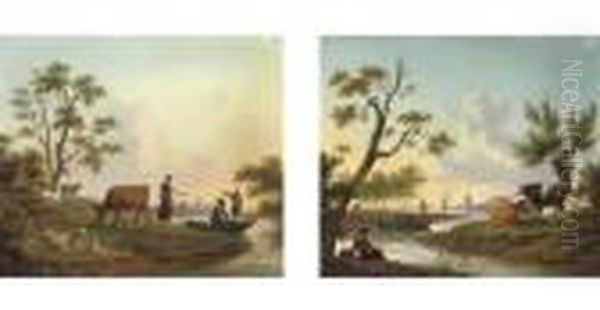 A Pastoral River Landscape With A
 Milkmaid Conversing With Two Men In A Boat; And A Pastoral River 
Landscape With An Angler And Peasants In A Boat Oil Painting by Frans Swagers