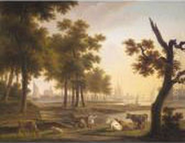 A River Landscape With A 
Dairymaid Milking Cows, Together With Other Figures, A Town Beyond Oil Painting by Frans Swagers