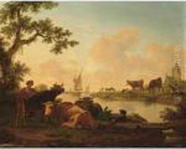 A River Landscape With A 
Shepherdess And Her Cattle In The Foreground, A View Of A Village With A
 Church In The Background At Sunrise; A River Landscape With Cows And 
Goats In The Foreground Together With A Shepherdess And A Boy Fishing, A
 View Of Oil Painting by Frans Swagers