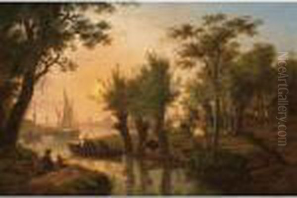 A River Landscape With Fishermen
 In A Boat Near A Meadow With Cows At Sunset, Sailing Vessels And A Town
 In The Background Oil Painting by Frans Swagers
