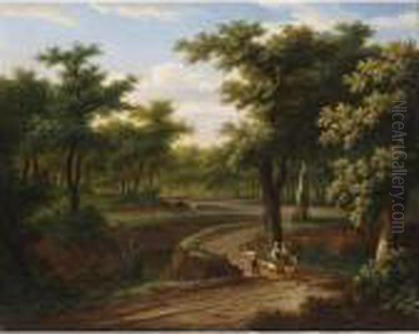 A Wooded Landscape With A 
Shepherdess And A Child On A Donkey On A Path Conversing With A Peasant 
Near A Stream, A Herdsman And His Herd In The Background Oil Painting by Frans Swagers