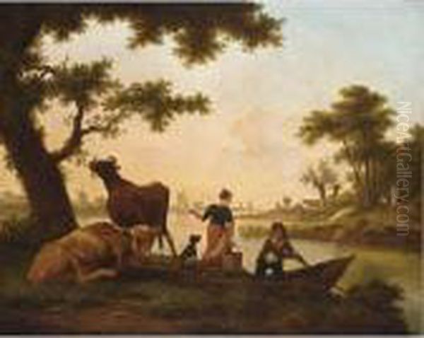 A River Landscape With A Couple 
Conversing Near A Ferry Together With Cows Near A Tree, Figures And 
Cattle On A Path Beyond Oil Painting by Frans Swagers
