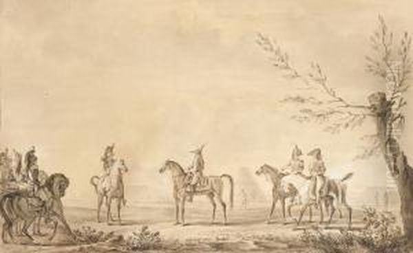 Une Revue D'un General De 
Brigade Et Deux Aides De Camp Du Campement D'un Regiment De Cuirassiers 
En Grande Tenue ; Les Chevaux Du Regiment Au Repos. Oil Painting by Edouard Bernard Swebach