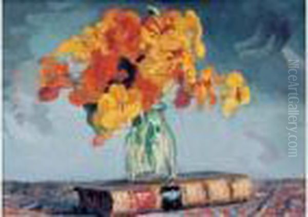 Nature Morte Aux Fleurs Et Livre Oil Painting by Alfred Swieykowski