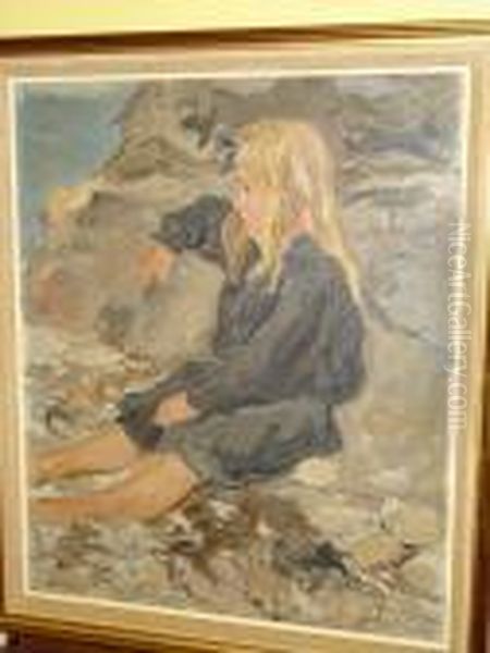 'bretagne Puerile', Study Of A 
Girl Seated On Rocks, Signed, Inscribed On Label On Reverse Oil Painting by Tancrede Synave