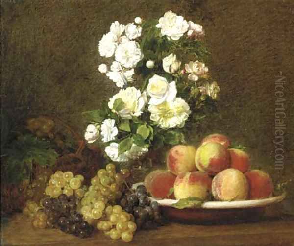 White roses in a vase with peaches and grapes on a table Oil Painting by Victoria Dubourg