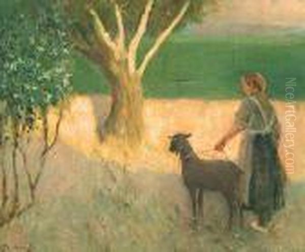 Pastorcilla Con Una Cabra.
 Oleo Sobre Lienzo Oil Painting by Jose Maria Tamburini Y Dalmau