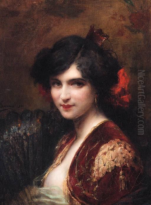 Portrait Of A Spanish Lady, 
Bust-length, Wearing A Red Jacket Withgold Brocade, Holding A Fan Oil Painting by Henri Adriene Tanoux