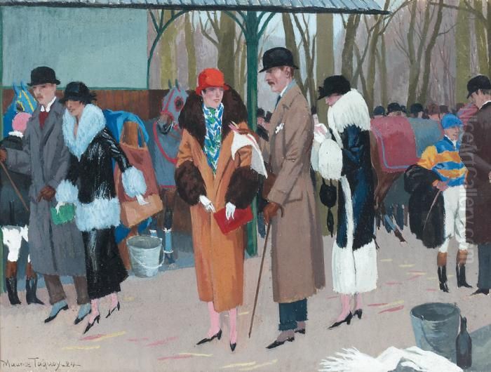 Elegantes A Longchamp Dans Les Paddocks Oil Painting by Maurice Taquoy