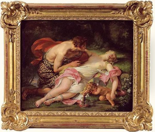 Procris Blessee Par Cephale Son 
Amant. Il Est Occupe A Retirer Le Javelot ; L'amour Aux Genoux De 
Procris Se Desole Et Eteint Son Flambeau. Oil Painting by Hugues Taraval