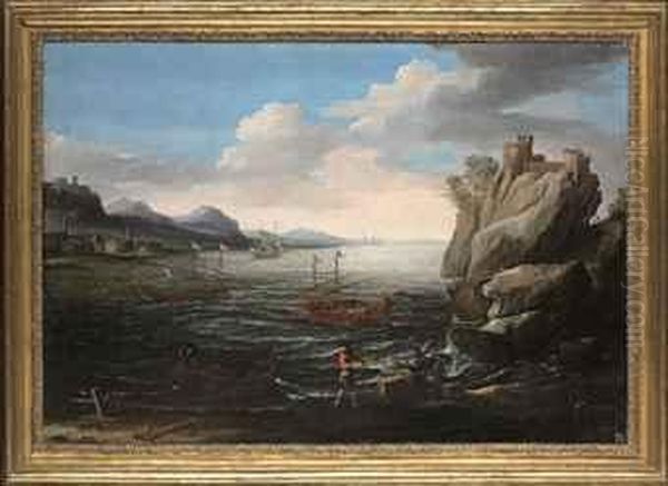 A Coastal Landscape With 
Fishermen On The Shore, A Genoese Galleyand Other Vessels And A Hilltop 
Fortress Beyond Oil Painting by Agostino Tassi