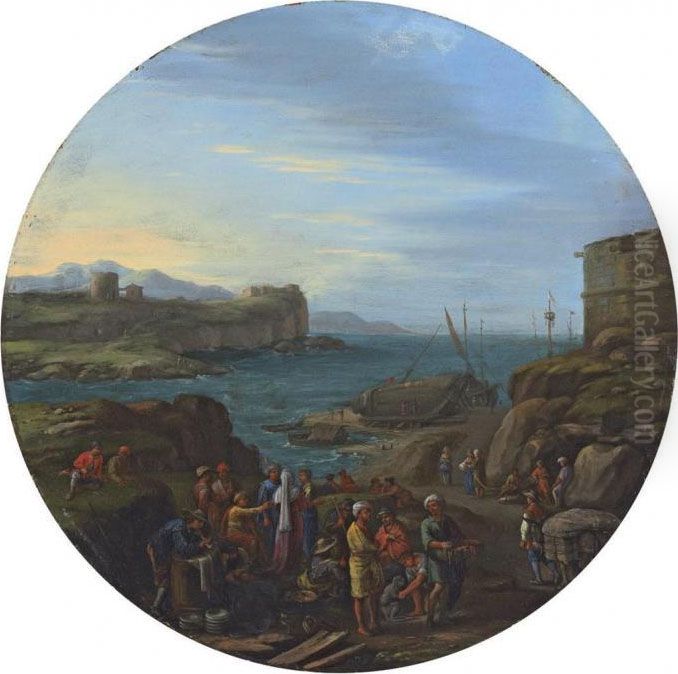 A Coastal Inlet With A Fortified
 Tower And Traders In The Foreground, A Ship Being Caulked Beyond Oil Painting by Agostino Tassi