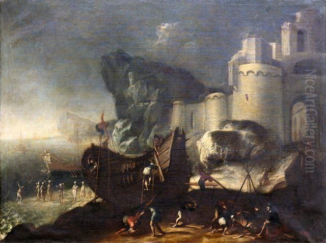 Schiffswerft Mit Zahlreichen 
Figuren In Einer Bucht Unterhalb Einer Befestigungsanlage An Felsiger 
Kuste Oil Painting by Agostino Tassi