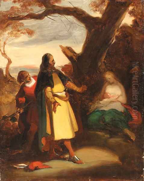 An elegant traveller discovering a woman and child in a landscape--a sketch Oil Painting by Alexandre Evariste Fragonard