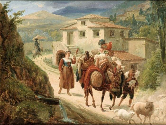 Paysage Italien Avec Des 
Promeneurs Sur Un Chemin [attributed To Nicolas-antoine Taunay ; Italian
 Landscape With Travellers On A Path ; Oil On Canvas] Oil Painting by Nicolas Antoine Taunay