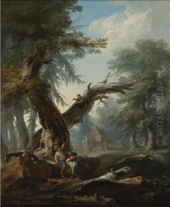 Landscape With A Couple By The 
Edge Of A Wood, A Young Child In A Tree Above Holding A Bird's Nest Oil Painting by Nicolas Antoine Taunay