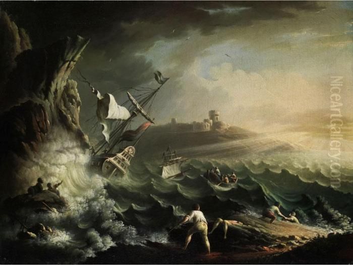 Marineszene Mit Schiff In Seenot Oil Painting by Carlo Antonio Tavella, Il Solfarola