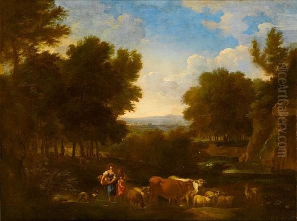 A Wooded Landscape With Peasants
 Resting; Anda Landscape With A Woman And A Young Boy Watering Their 
Cattle Andsheep At A River Oil Painting by Carlo Antonio Tavella, Il Solfarola