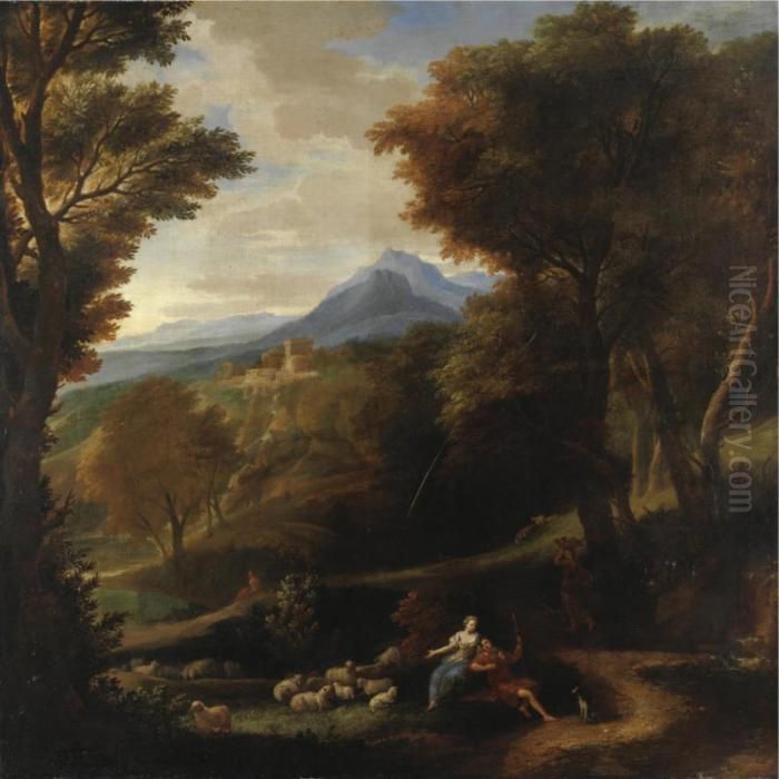 Paesaggio Con Contadini A Riposo Con Il Gregge Oil Painting by Carlo Antonio Tavella, Il Solfarola