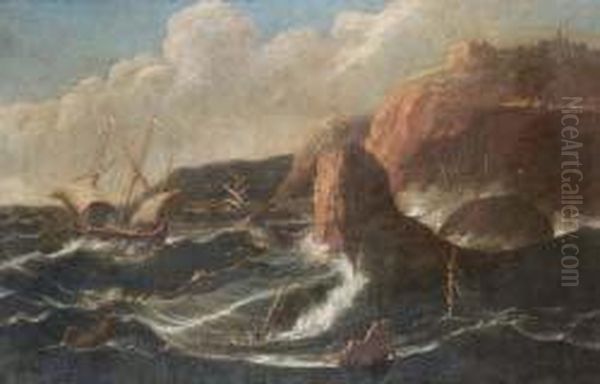 Velieri In Tempesta In 
Prossimita Della Costa - Velieri In Tempesta In Prossimita Della Costa Oil Painting by Carlo Antonio Tavella, Il Solfarola