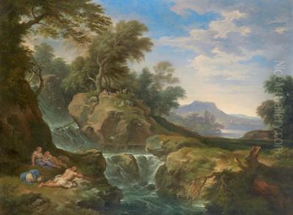 Paese Con Pastori In Riva A Un Lago; Paesaggio Roccioso Con Cascata Oil Painting by Carlo Antonio Tavella, Il Solfarola