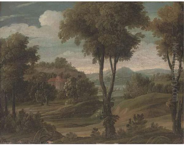 A Wooded Landscape With A Country House Oil Painting by Carlo Antonio Tavella, Il Solfarola