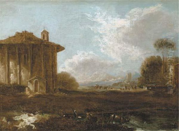 An Italianate Landscape With Figures Strolling Near A Ruin Of A Classical Temple Oil Painting by Carlo Antonio Tavella, Il Solfarola