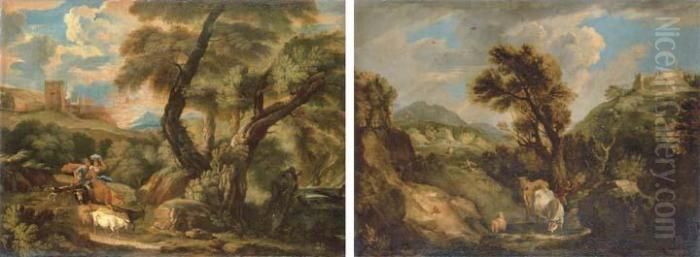 An Italianate Landscape With Herdsmen Driving Cattle Oil Painting by Carlo Antonio Tavella, Il Solfarola