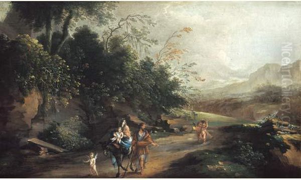 Paysage De Colline Avec La Fuite En Egypte Oil Painting by Carlo Antonio Tavella, Il Solfarola