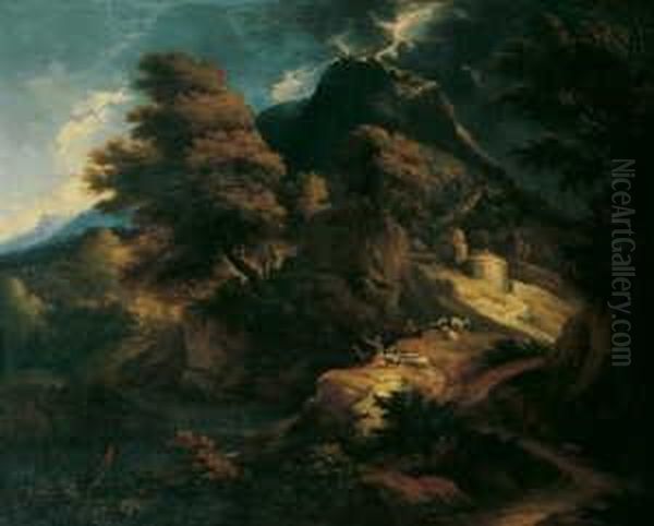 Gebirgslandschaft Mit Hirten, 
Die Ein Unwetter Erwarten. Ol Auf Leinwand (doubliert). H 100; B 125 Cm.
 Tavella War Einer Der Wichtigsten Italienischen Landschaftsmaler Seiner
 Zeit. Er Wurde Anfangs Durch P. Mulier, Gen. Tempesta, Beeinflust, 
Spate Oil Painting by Carlo Antonio Tavella, Il Solfarola