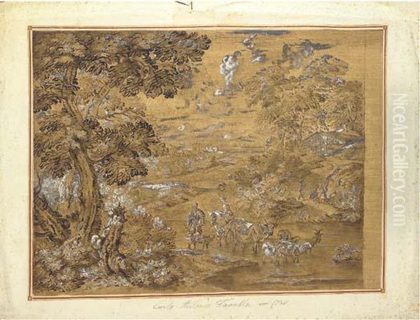 An Extensive Landscape With Peasants And Their Stock At Aford Oil Painting by Carlo Antonio Tavella, Il Solfarola