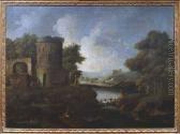 Paesaggio Fluviale Con 
Fortilizio, Pescatori E Viandanti Paesaggio Fluviale Con Rudere E 
Pescatori Oil Painting by Carlo Antonio Tavella, Il Solfarola