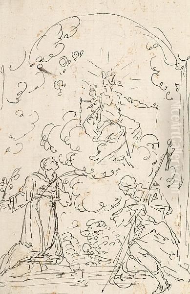 Miraculous Appearance Of The Madonna And Child To Two Kneeling Saints Oil Painting by Carlo Antonio Tavella, Il Solfarola