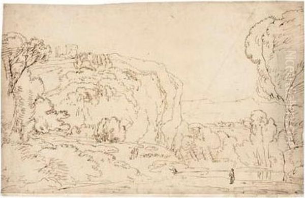 Landscape With Castle On A Hill And Foreground Figures Oil Painting by Carlo Antonio Tavella, Il Solfarola