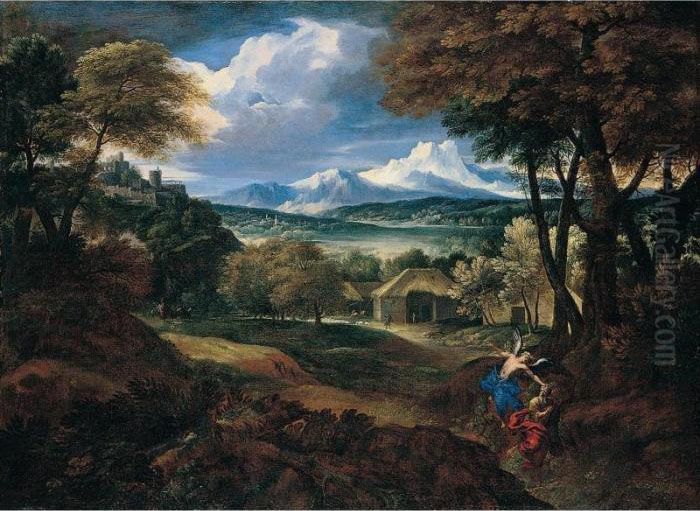 Classical Landscape With Elijah And The Angel Oil Painting by Carlo Antonio Tavella, Il Solfarola