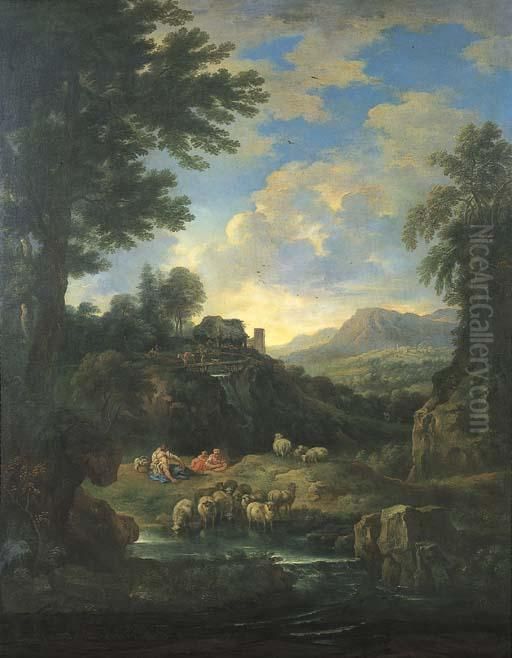 Paesaggio Fluviale Con Contadini
 Ed Armenti Al Guado, Una Cascata Con Ponte Di Legno Ed Un Borgo Sullo 
Sfondo Oil Painting by Carlo Antonio Tavella, Il Solfarola