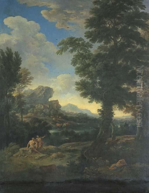 Paesaggio Fluviale Con Tre 
Figure In Costume Classico In Primo Piano, Armenti All'abbeverata E 
Borghi In Lontananza Oil Painting by Carlo Antonio Tavella, Il Solfarola