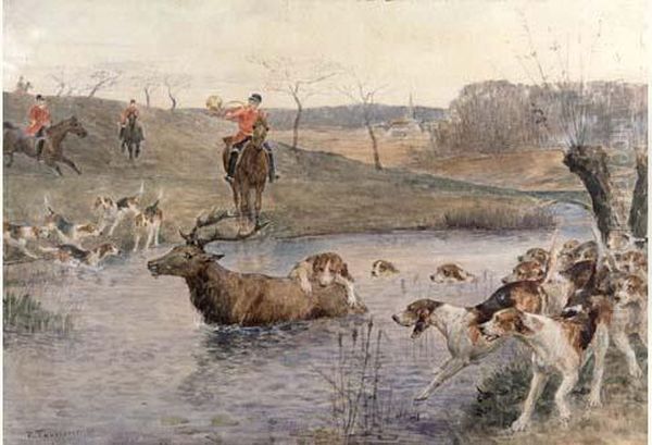 Chasse A Courre
 Du Cerf. Bat L'eau Oil Painting by Paul Tavernier
