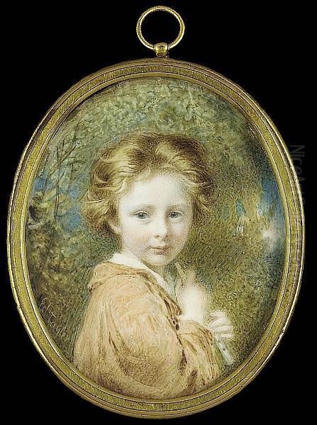 A Young Boy, Called Alick, 
Possibly Alexander Hohenlohe, Wearing Rust-coloured Tunic Over White 
Chemise, He Holds A Pipe Oil Painting by Edward Tayler
