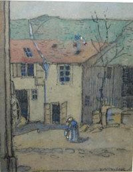 Scottish - Watercolour & 
Chalks Cottages And Figure In Foreground Signed Lower Right 28cm X 21cm Oil Painting by Ernest Archibald Taylor