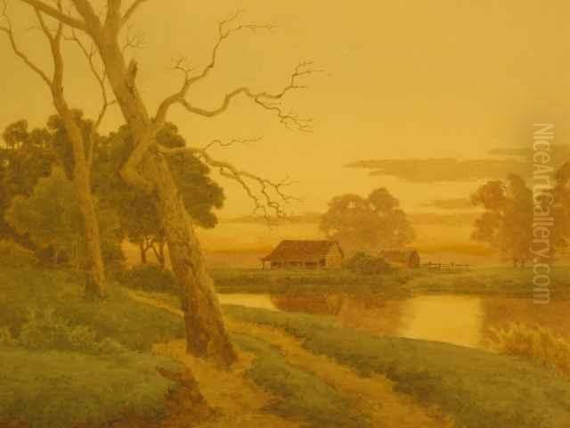 Settler's Hut By The Stream Oil Painting by Henri Tebbitt