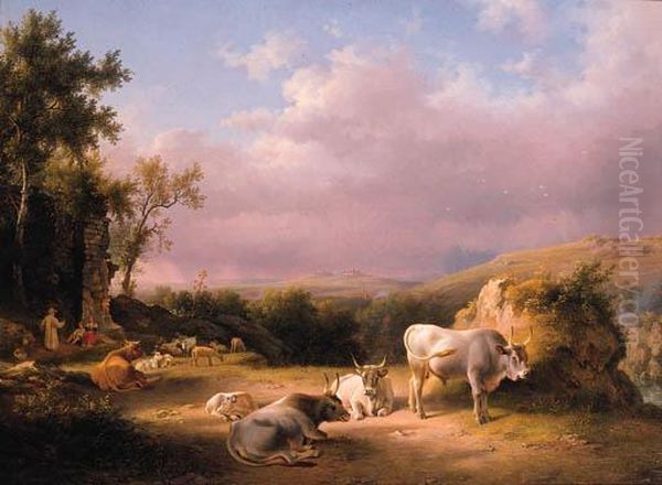 Buffaloes In The Roman Campagna 
At Sunset With Cattle, Shepherdsand Tavellers By A Ruined Wall Beyond Oil Painting by Lievine Teerlink