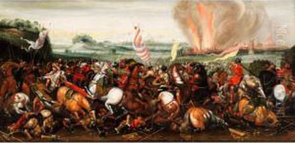 Grosses Schlachtenbild Mit Kampfenden Reitern Vor Einer Brennenden
Stadt Oil Painting by Antonia Tempesta