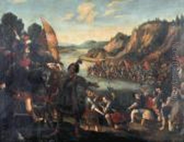 Flemish Follower Of Antonio 
Tempesta Soldiers Quenching Their Thirst At A River Crossing, Possibly A
 Scene From The Life Of Alexander The Great Oil Painting by Antonia Tempesta