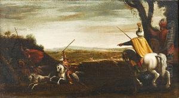 A Landscape With Huntsmen On 
Horseback; And A Landscape With Huntsmen And Their Dogs Hunting Ducks Oil Painting by Antonia Tempesta