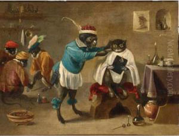 An Interior Of A Monkey 
Barbershop With A Monkey Trimming A Cat And Three Monkeys Sitting In The
 Background Oil Painting by Abraham Teniers