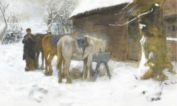 Feeding The Horses In Winter Oil Painting by Francois Pieter ter Meulen
