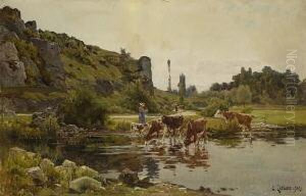 Hirtinnen Mit Kuhen Am
 Wasser. Oil Painting by Clovis Frederick Terraire