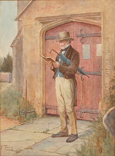 Elderly Gentleman Stood Before A
 Church, Holding Book And Umberella, And Another: Elderly Clergyman Oil Painting by Henry M. Terry