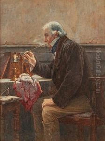 Gentleman Seated In A Study 
Lighting His Pipe, Together With Another Of An Elderly Gentleman 
Snoozing In A Chair Besides A Fire Oil Painting by Henry M. Terry